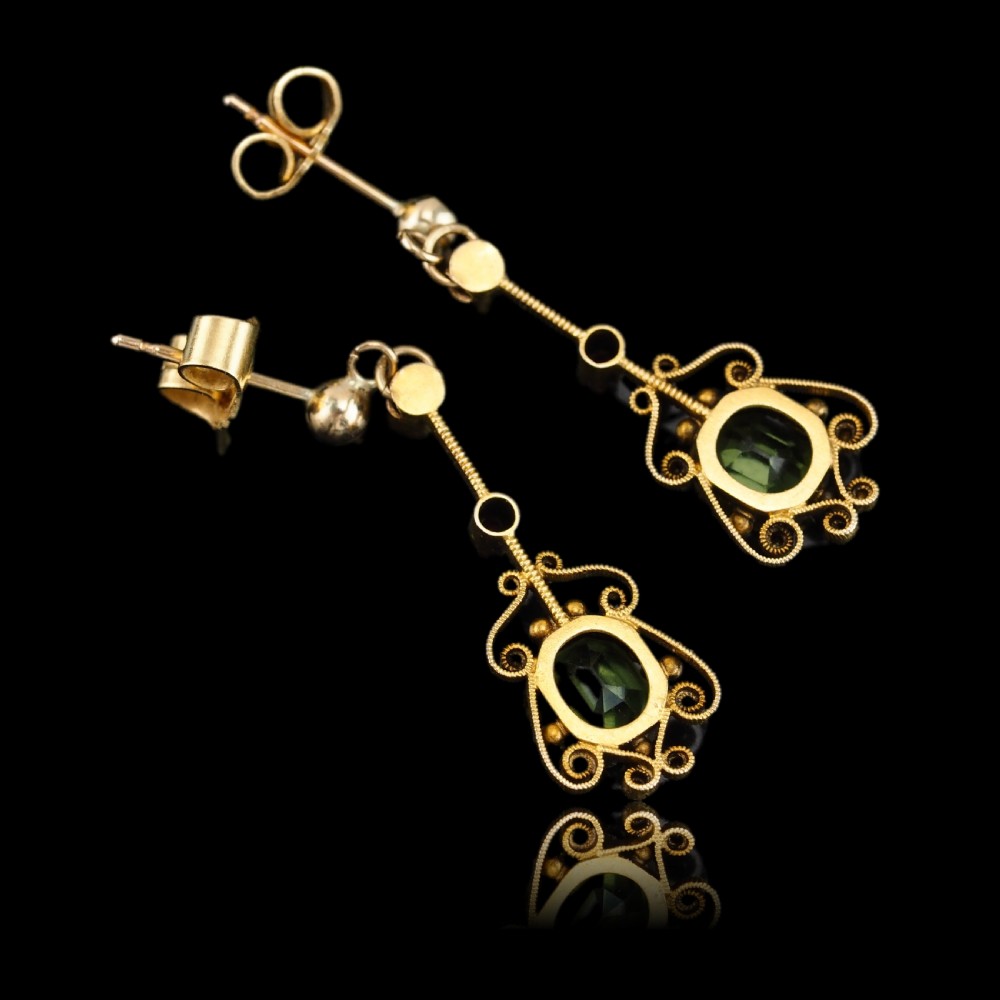 Antique Peridot Ruby and Pearl Earrings 18ct Gold Cannetille Suffragette Design View X