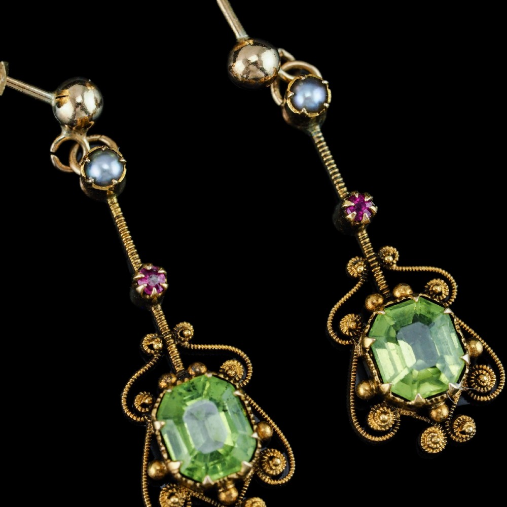 Antique Peridot Ruby and Pearl Earrings 18ct Gold Cannetille Suffragette Design View XII
