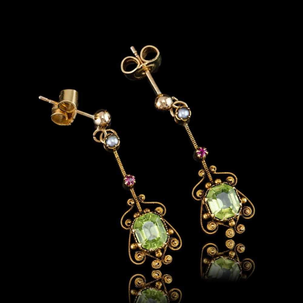 Antique Peridot Ruby and Pearl Earrings 18ct Gold Cannetille Suffragette Design View XIII