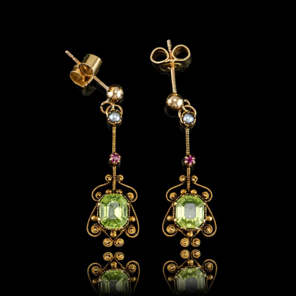 Antique Peridot Ruby and Pearl Earrings 18ct Gold Cannetille Suffragette Design View XIV