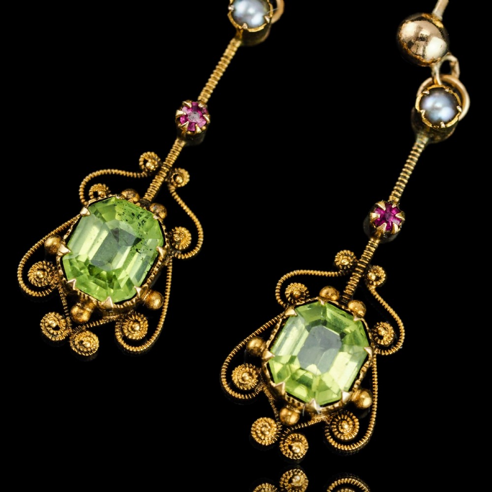 Antique Peridot Ruby and Pearl Earrings 18ct Gold Cannetille Suffragette Design View XV
