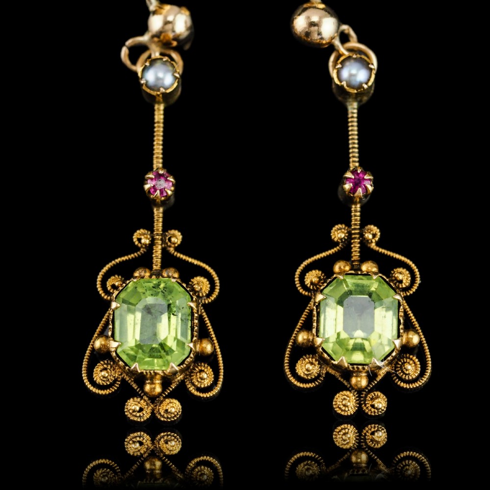 Antique Peridot Ruby and Pearl Earrings 18ct Gold Cannetille Suffragette Design View XVI