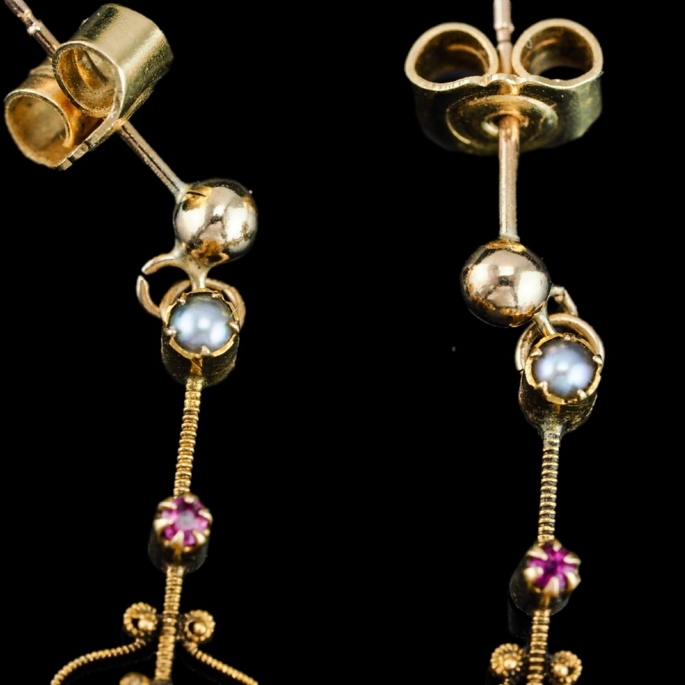 Antique Peridot Ruby and Pearl Earrings 18ct Gold Cannetille Suffragette Design View XVII