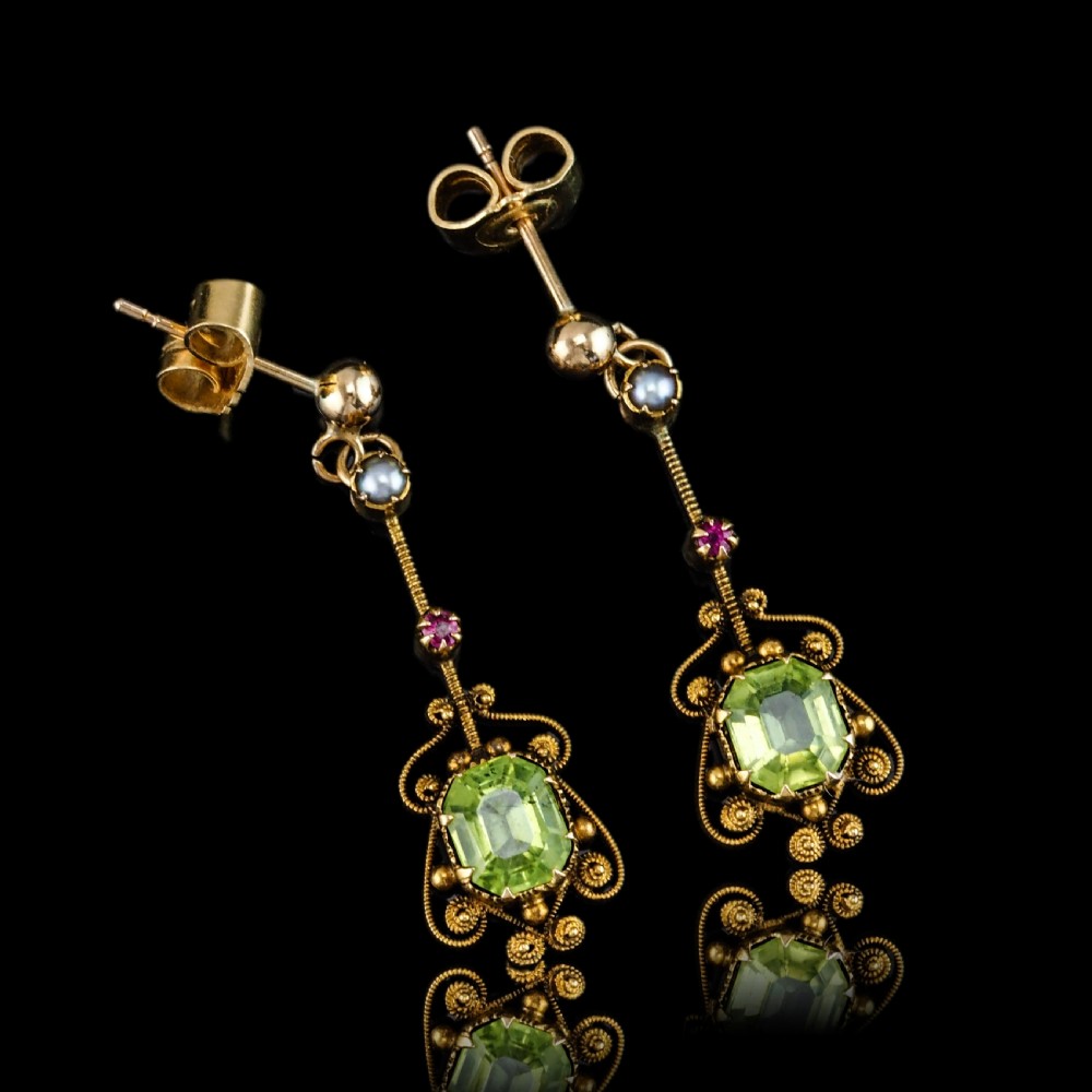Antique Peridot Ruby and Pearl Earrings 18ct Gold Cannetille Suffragette Design View XVIII