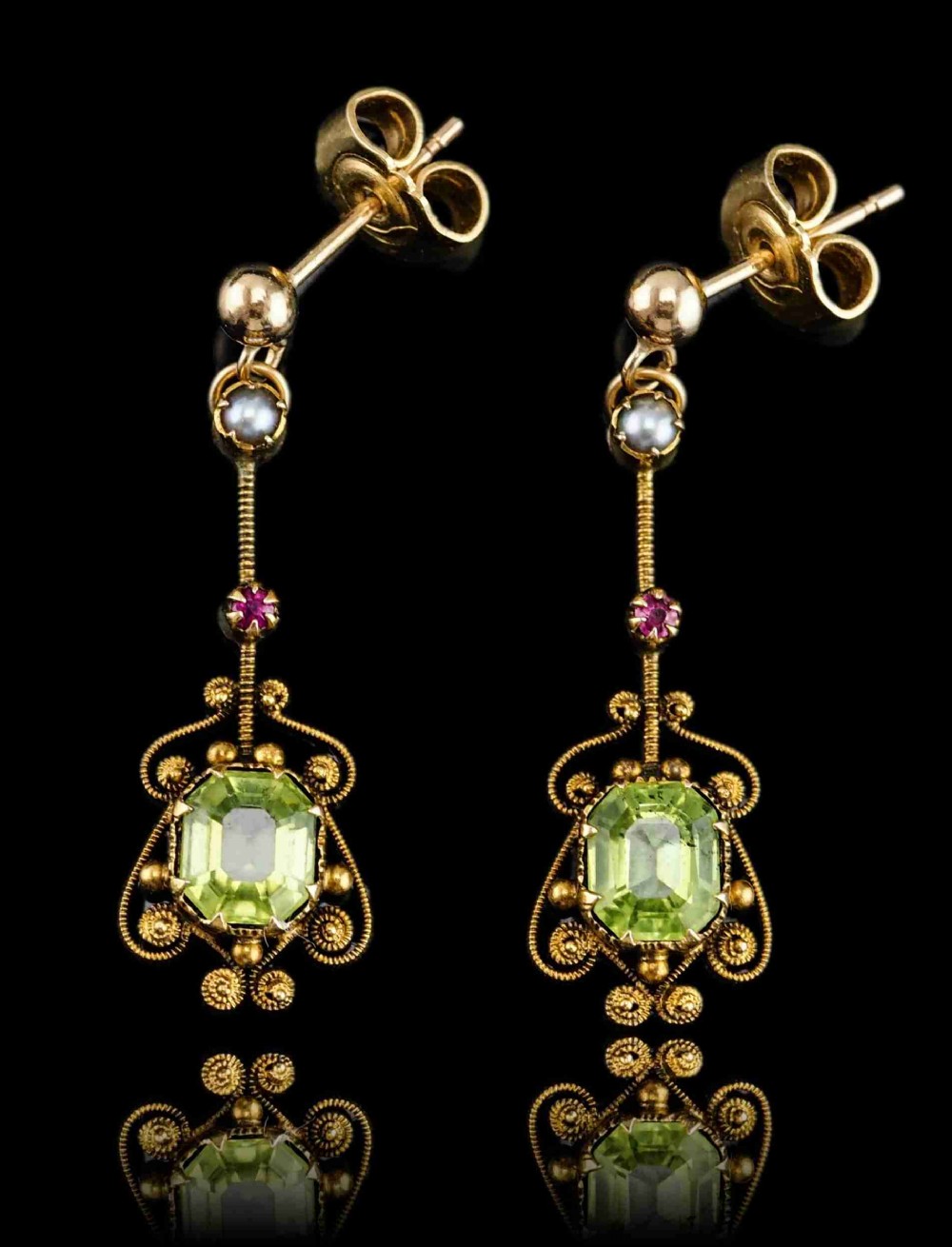 Antique Peridot Ruby and Pearl Earrings 18ct Gold Cannetille Suffragette Design