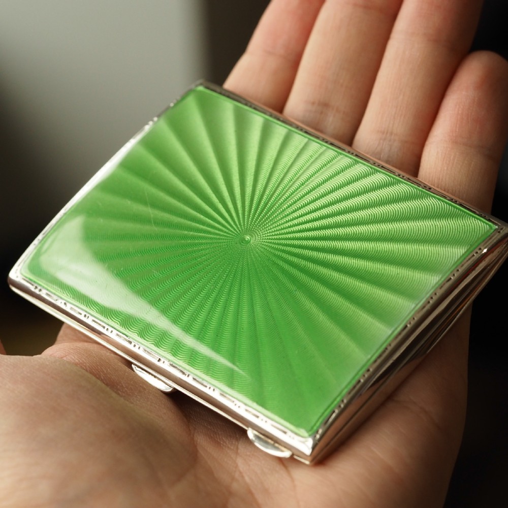 Sterling Silver Cigarette Case with Green Sunburst Enamel Guilloche - Walker & Hall 1937 View III