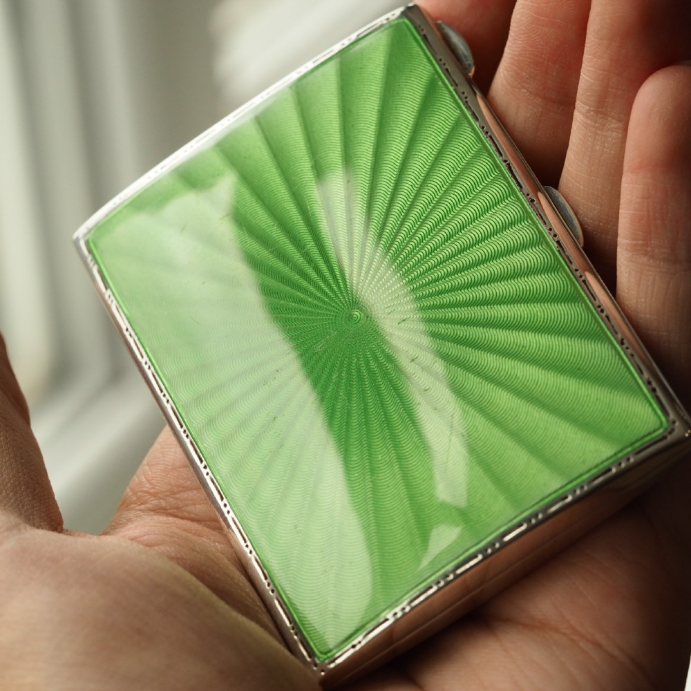 Sterling Silver Cigarette Case with Green Sunburst Enamel Guilloche - Walker & Hall 1937 View IV