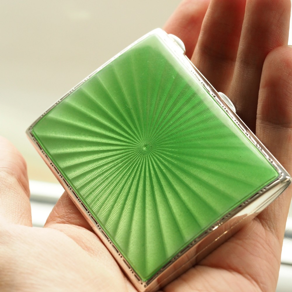 Sterling Silver Cigarette Case with Green Sunburst Enamel Guilloche - Walker & Hall 1937 View V