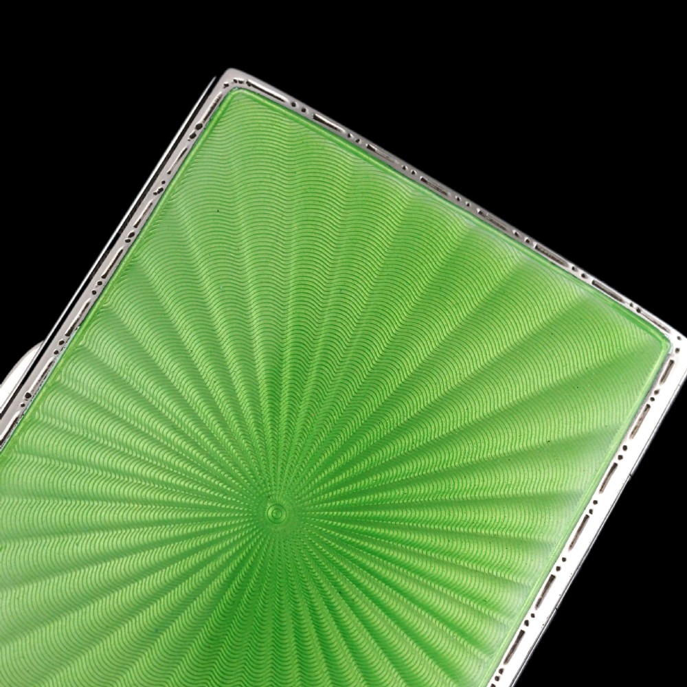Sterling Silver Cigarette Case with Green Sunburst Enamel Guilloche - Walker & Hall 1937 View VIII