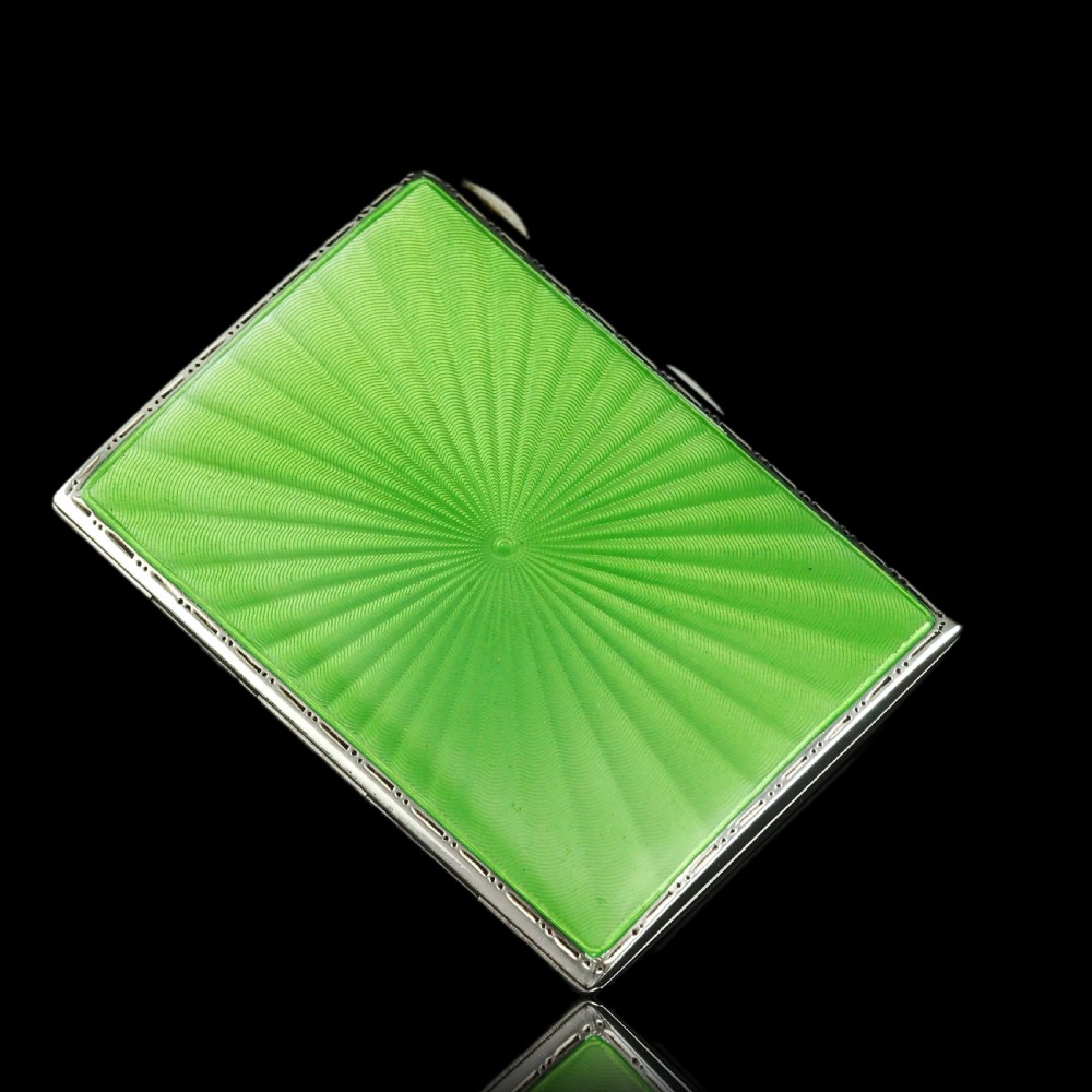 Sterling Silver Cigarette Case with Green Sunburst Enamel Guilloche - Walker & Hall 1937 View IX