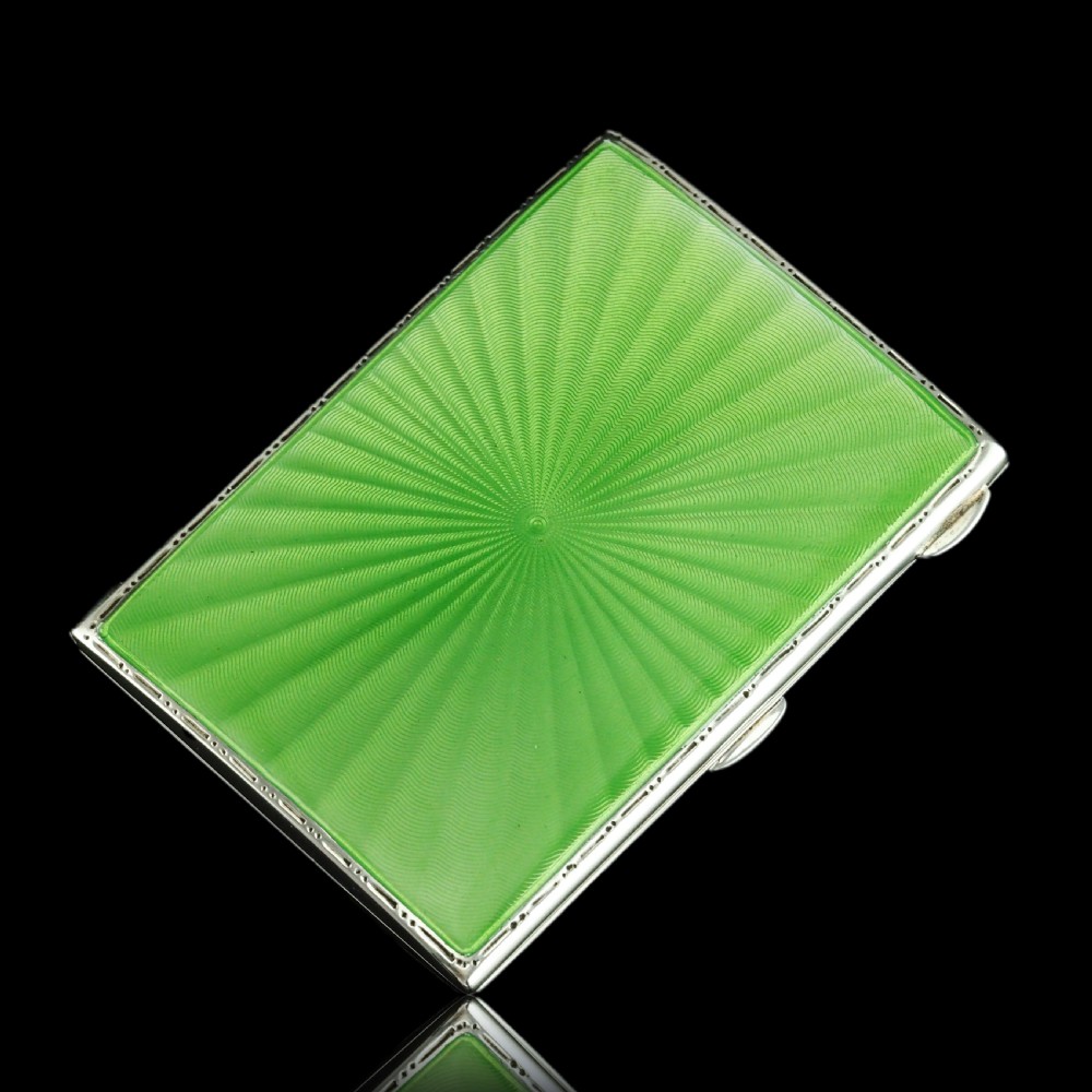 Sterling Silver Cigarette Case with Green Sunburst Enamel Guilloche - Walker & Hall 1937 View X