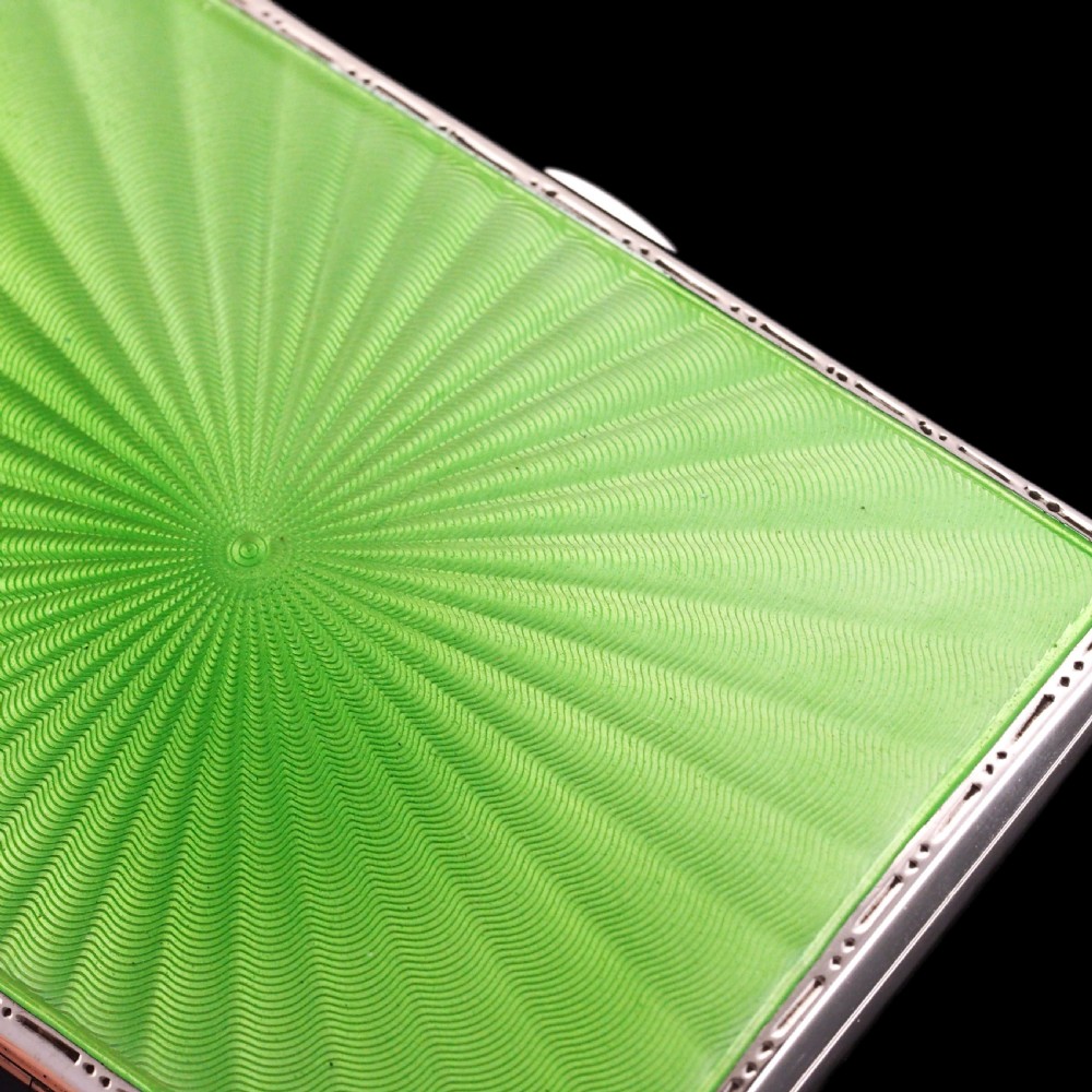 Sterling Silver Cigarette Case with Green Sunburst Enamel Guilloche - Walker & Hall 1937 View XII