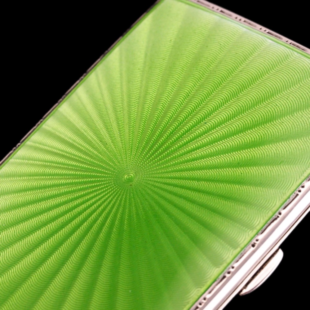 Sterling Silver Cigarette Case with Green Sunburst Enamel Guilloche - Walker & Hall 1937 View XIII