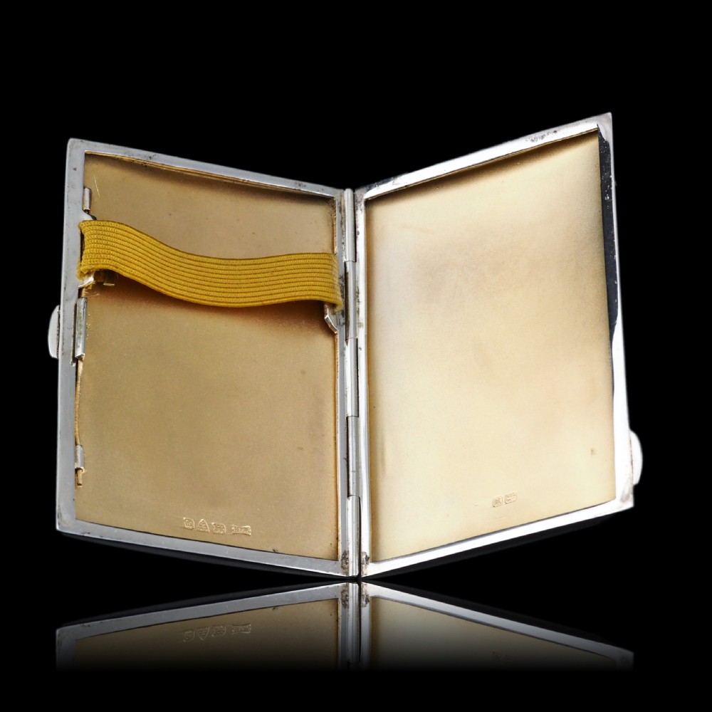 Sterling Silver Cigarette Case with Green Sunburst Enamel Guilloche - Walker & Hall 1937 View XV