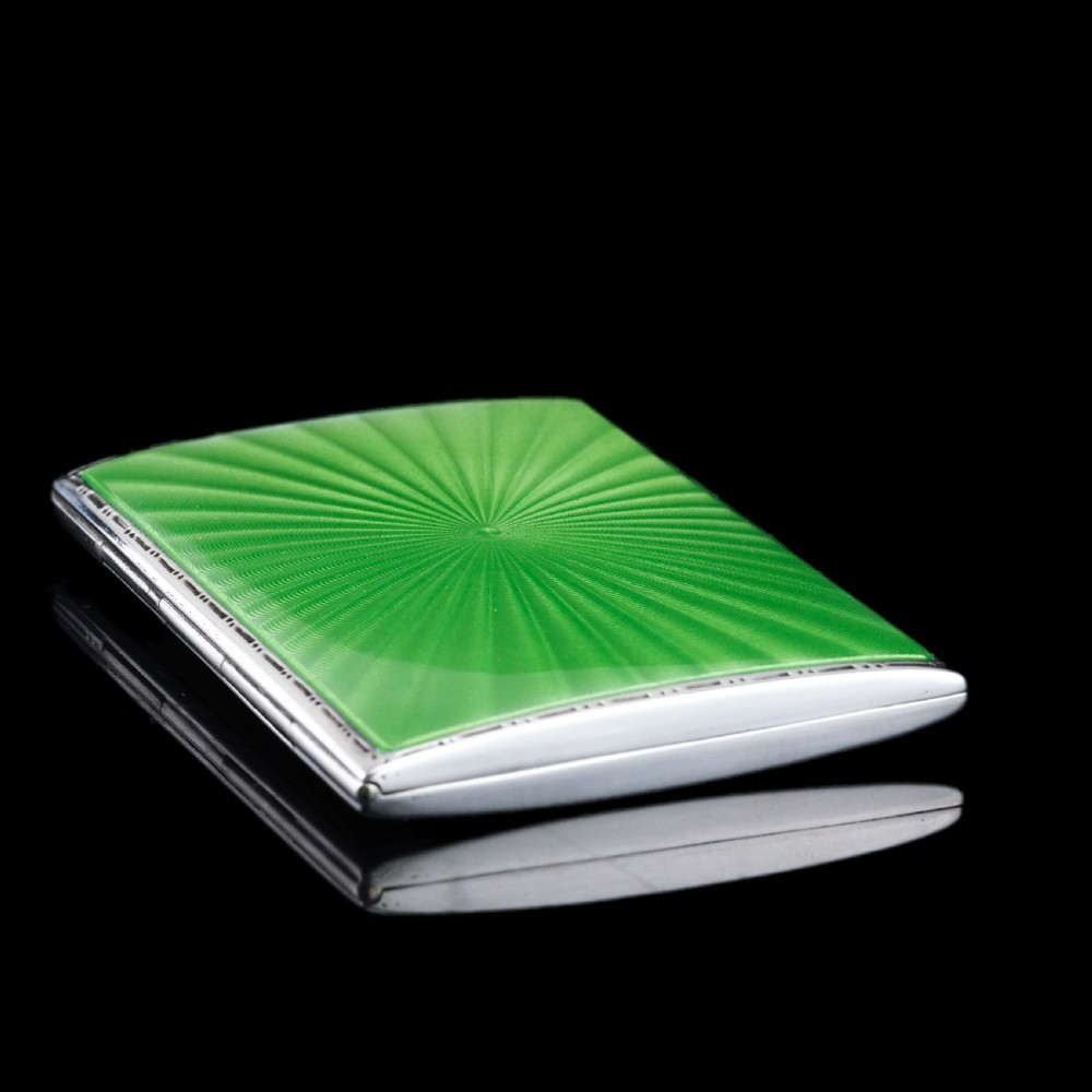 Sterling Silver Cigarette Case with Green Sunburst Enamel Guilloche - Walker & Hall 1937 View XVII