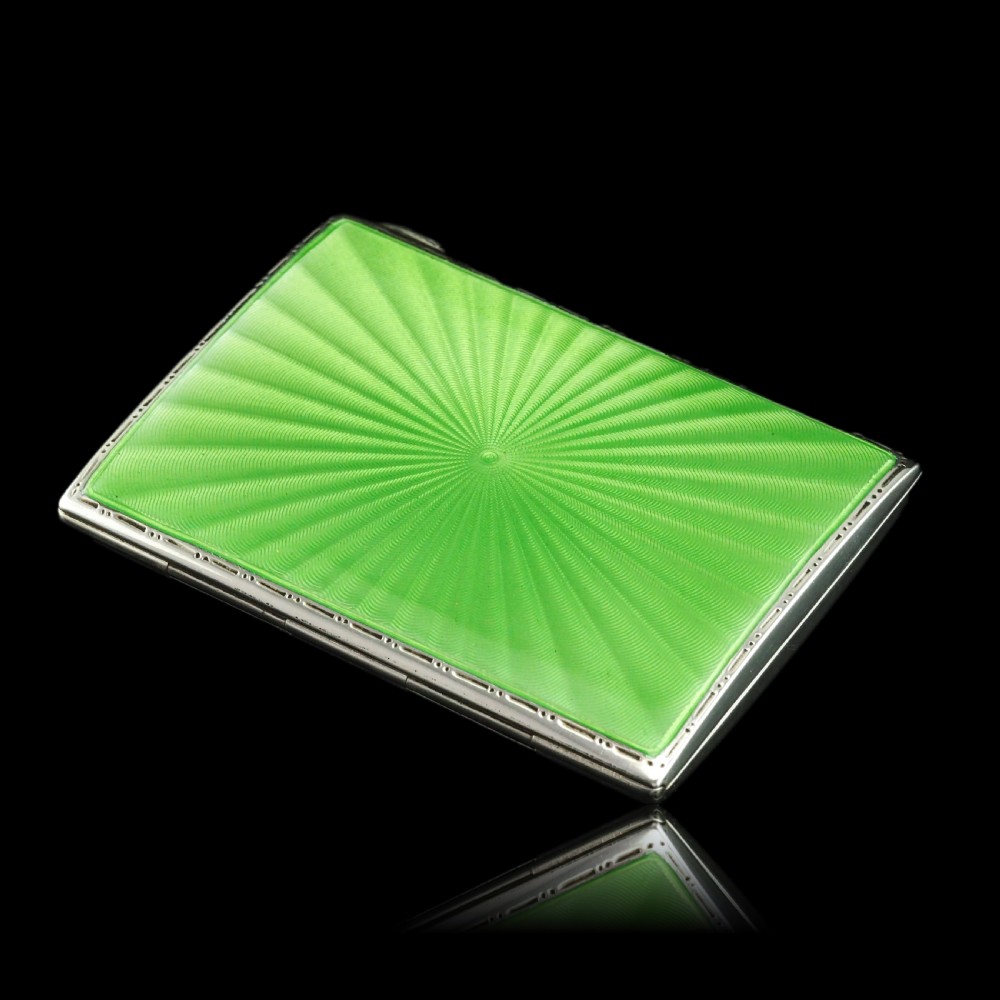 Sterling Silver Cigarette Case with Green Sunburst Enamel Guilloche - Walker & Hall 1937 View XVIII