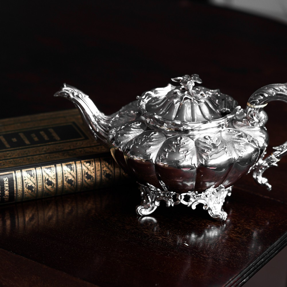 Antique Georgian Solid Silver Teapot 'Melon' Shape Acanthus Design - Barnard 1835 View II