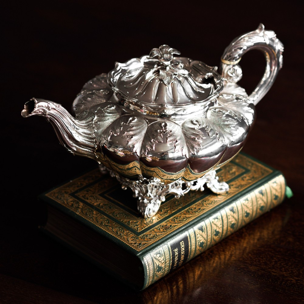 Antique Georgian Solid Silver Teapot 'Melon' Shape Acanthus Design - Barnard 1835 View III