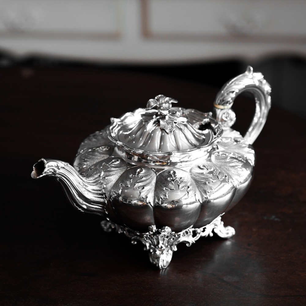 Antique Georgian Solid Silver Teapot 'Melon' Shape Acanthus Design - Barnard 1835 View V