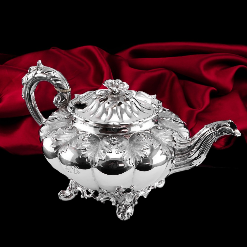 Antique Georgian Solid Silver Teapot 'Melon' Shape Acanthus Design - Barnard 1835 View VI