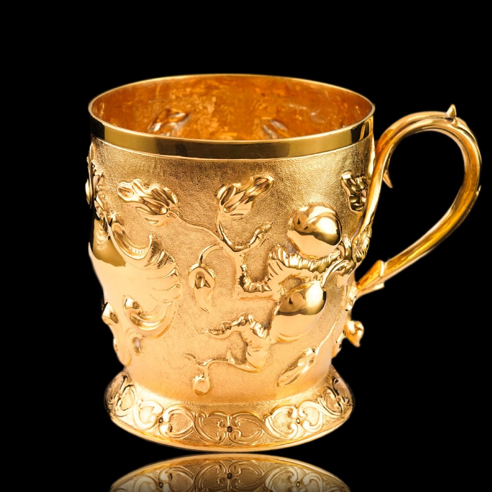 Antique Victorian Solid Silver Gilt Mug Cup Naturalistic Motif - Elkington & Co Ltd 1891
