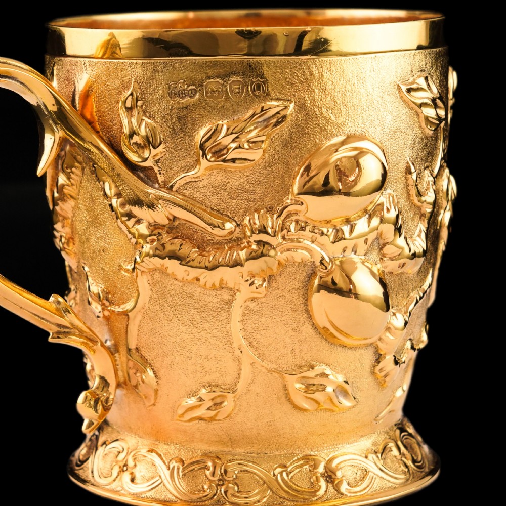 Antique Victorian Solid Silver Gilt Mug Cup Naturalistic Motif - Elkington & Co Ltd 1891 View IV