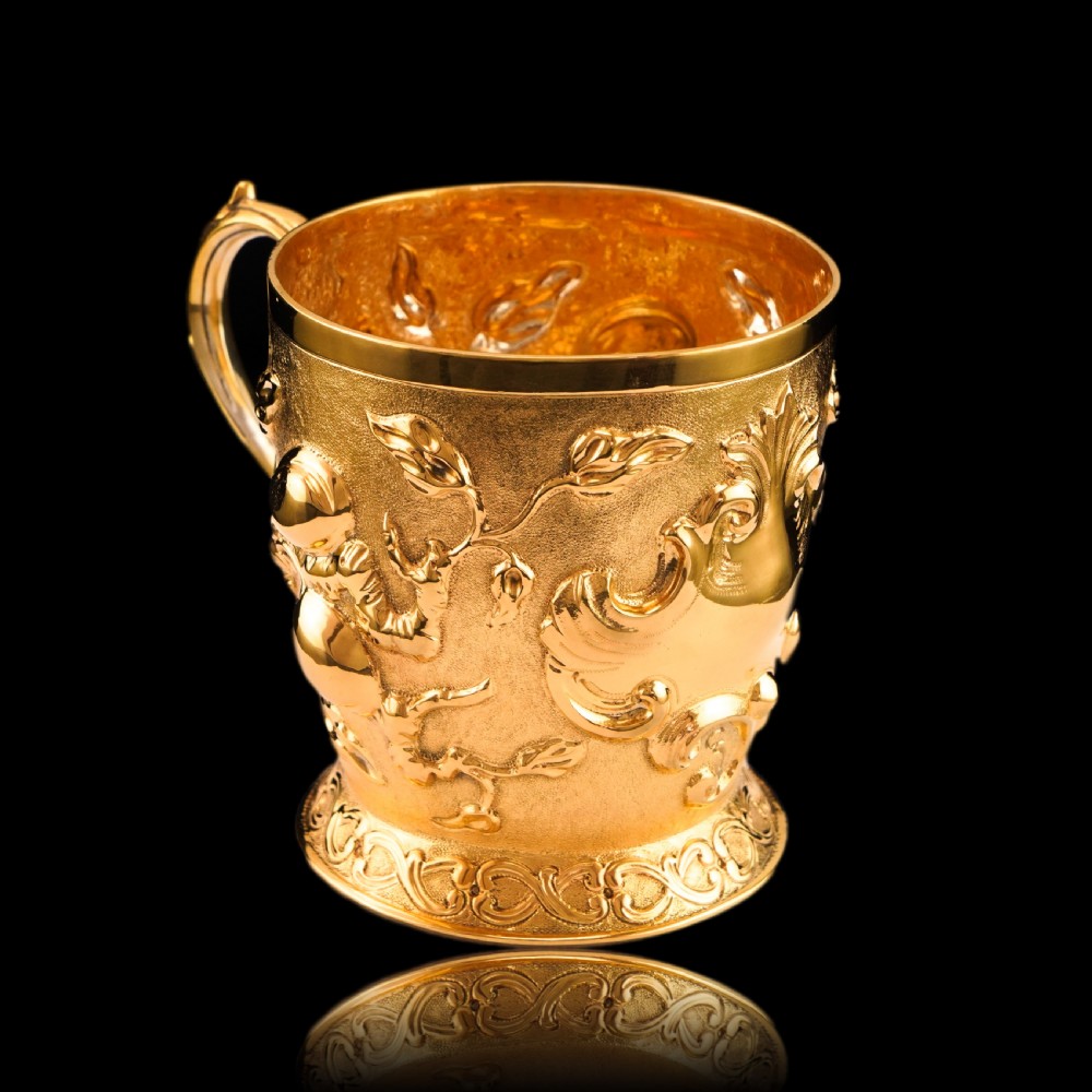 Antique Victorian Solid Silver Gilt Mug Cup Naturalistic Motif - Elkington & Co Ltd 1891 View V