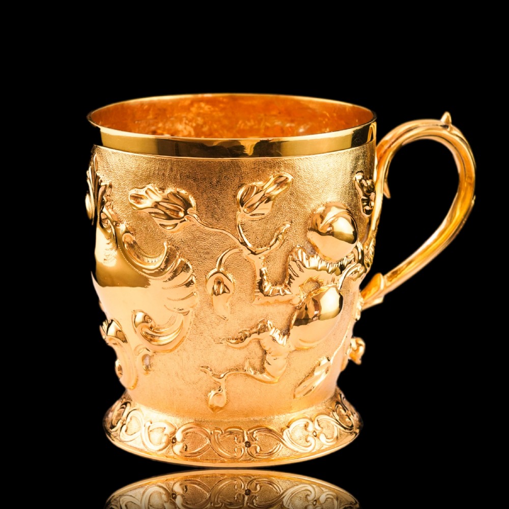 Antique Victorian Solid Silver Gilt Mug Cup Naturalistic Motif - Elkington & Co Ltd 1891 View VI