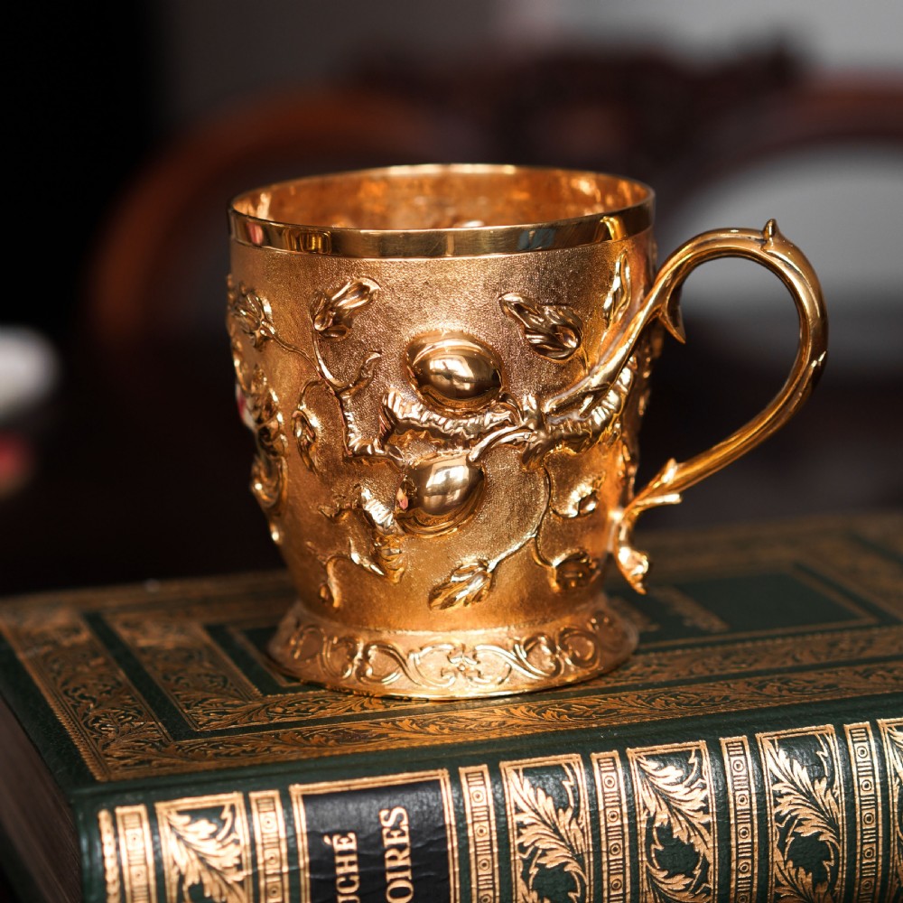 Antique Victorian Solid Silver Gilt Mug Cup Naturalistic Motif - Elkington & Co Ltd 1891 View XV