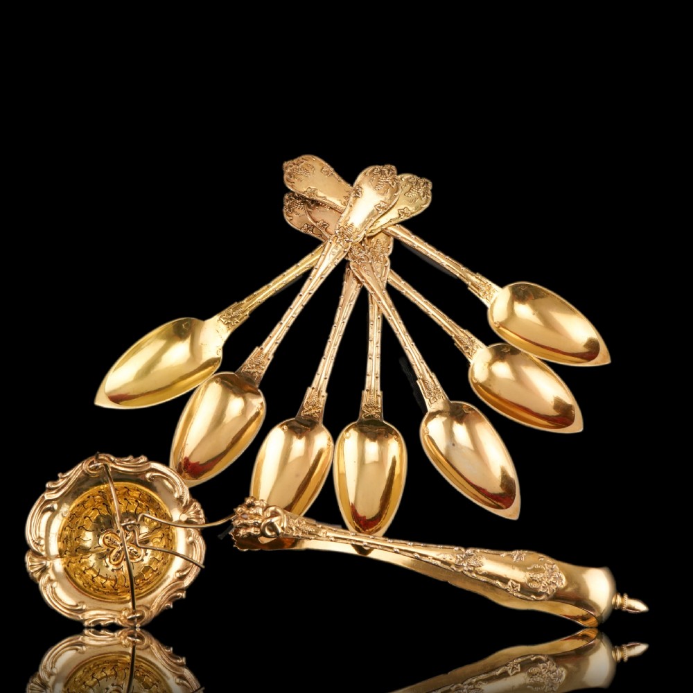 Antique French Solid Silver Gilt Vermeil Teaspoon, Tongs & Strainer Set - Philippe Berthier Paris c.1845.