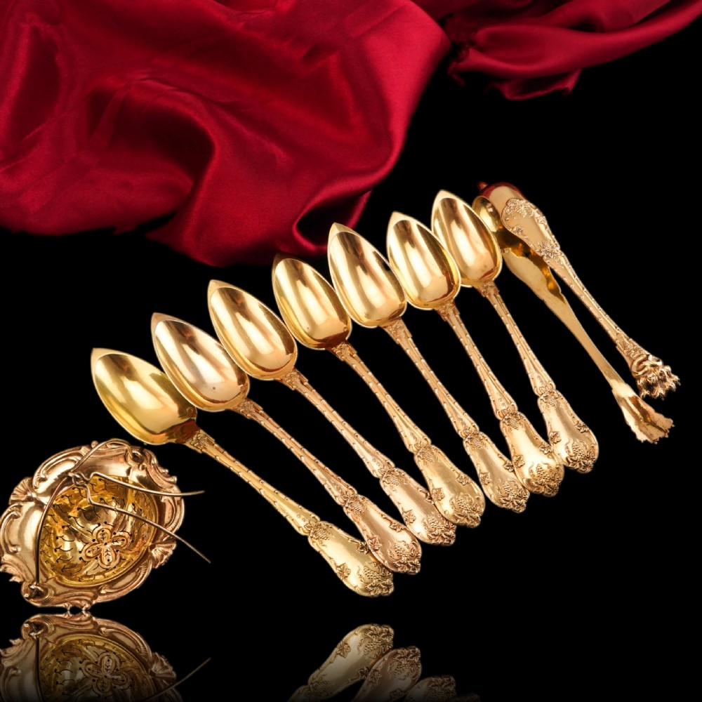 Antique French Solid Silver Gilt Vermeil Teaspoon, Tongs & Strainer Set - Philippe Berthier Paris c.1845. View II