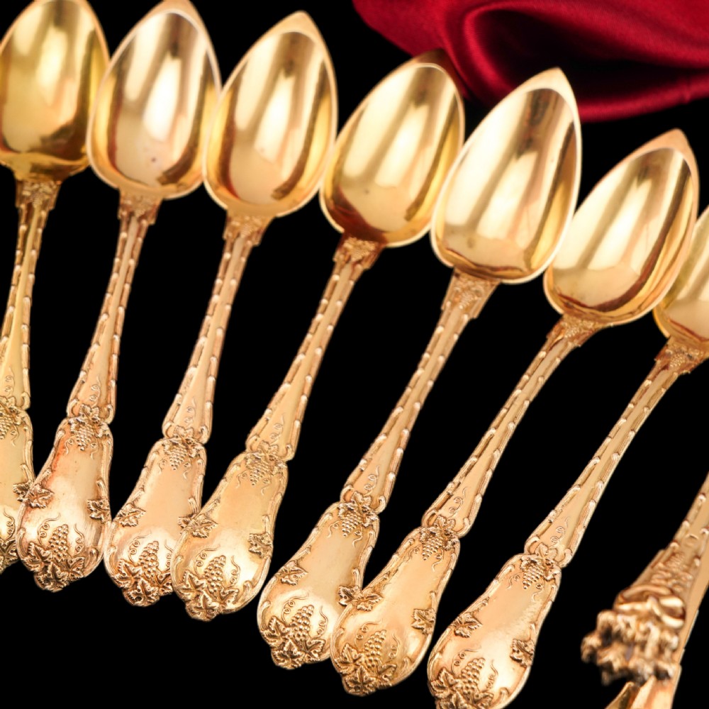 Antique French Solid Silver Gilt Vermeil Teaspoon, Tongs & Strainer Set - Philippe Berthier Paris c.1845. View III