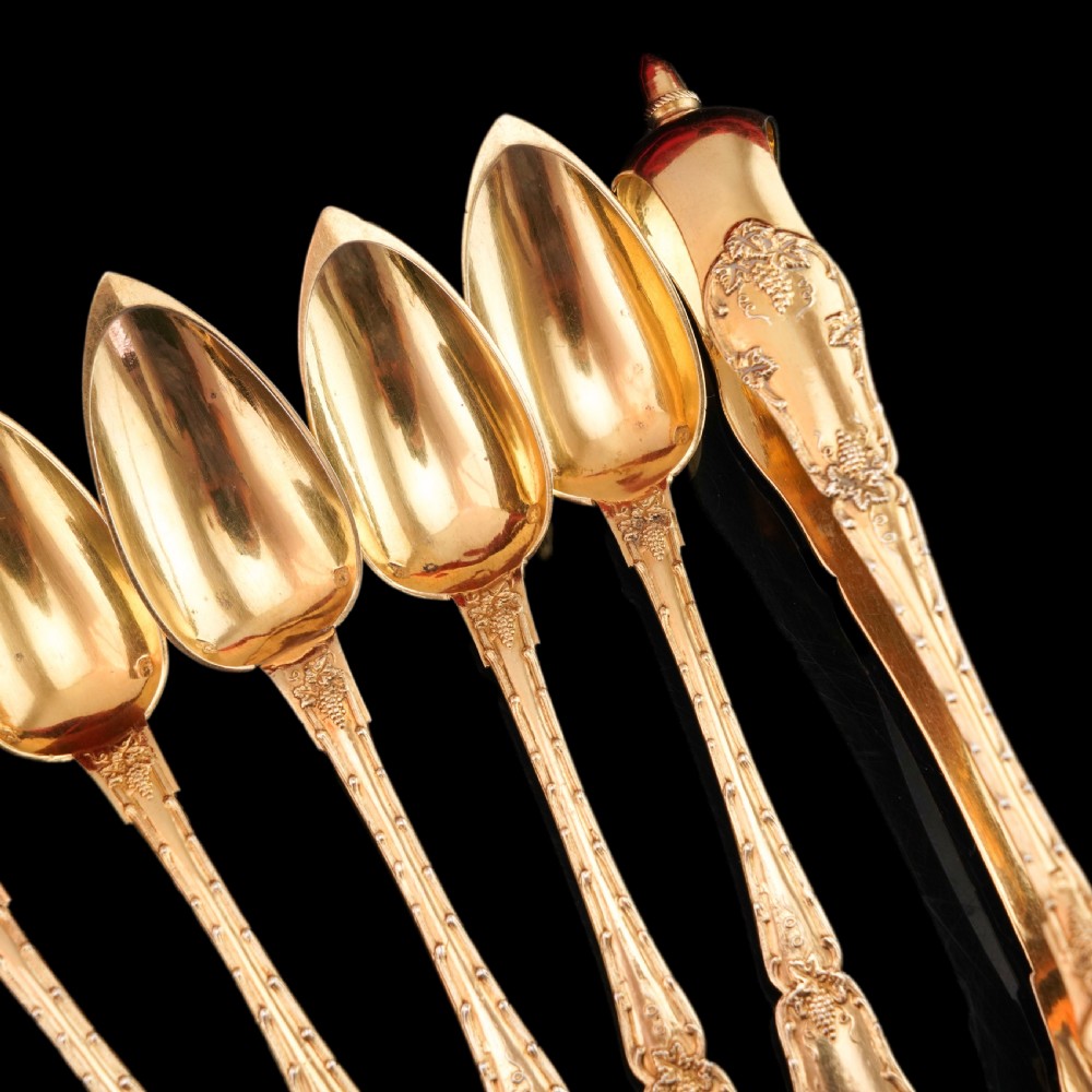 Antique French Solid Silver Gilt Vermeil Teaspoon, Tongs & Strainer Set - Philippe Berthier Paris c.1845. View IV