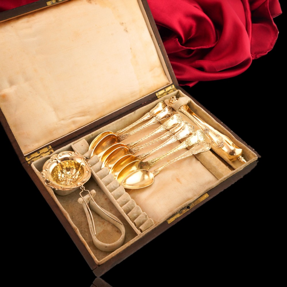 Antique French Solid Silver Gilt Vermeil Teaspoon, Tongs & Strainer Set - Philippe Berthier Paris c.1845. View V