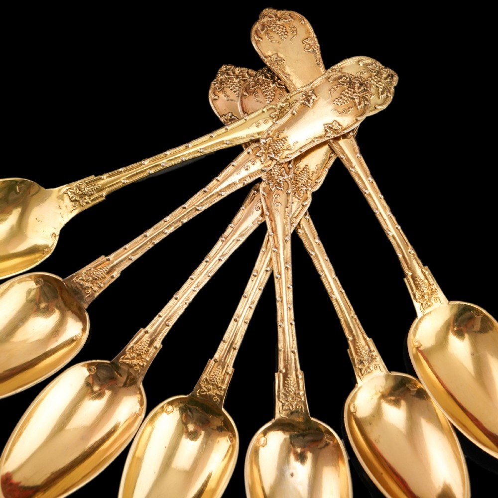 Antique French Solid Silver Gilt Vermeil Teaspoon, Tongs & Strainer Set - Philippe Berthier Paris c.1845. View VII