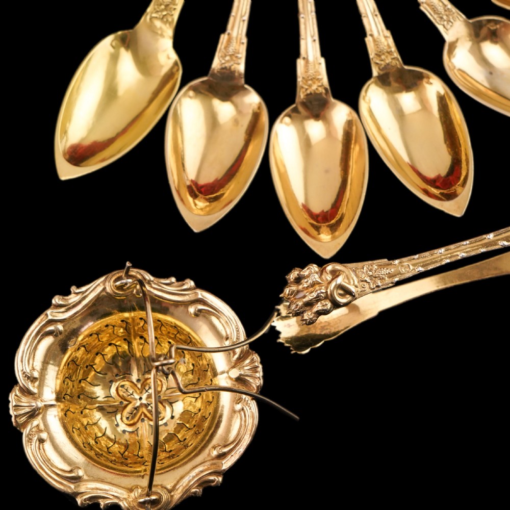 Antique French Solid Silver Gilt Vermeil Teaspoon, Tongs & Strainer Set - Philippe Berthier Paris c.1845. View VIII