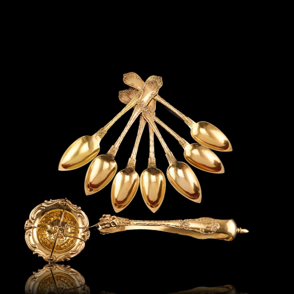 Antique French Solid Silver Gilt Vermeil Teaspoon, Tongs & Strainer Set - Philippe Berthier Paris c.1845. View IX