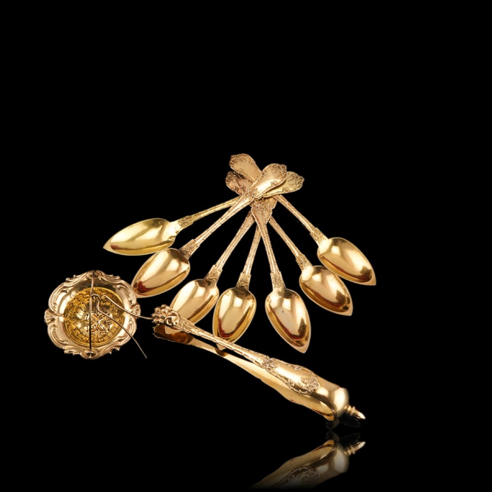 Antique French Solid Silver Gilt Vermeil Teaspoon, Tongs & Strainer Set - Philippe Berthier Paris c.1845. View X