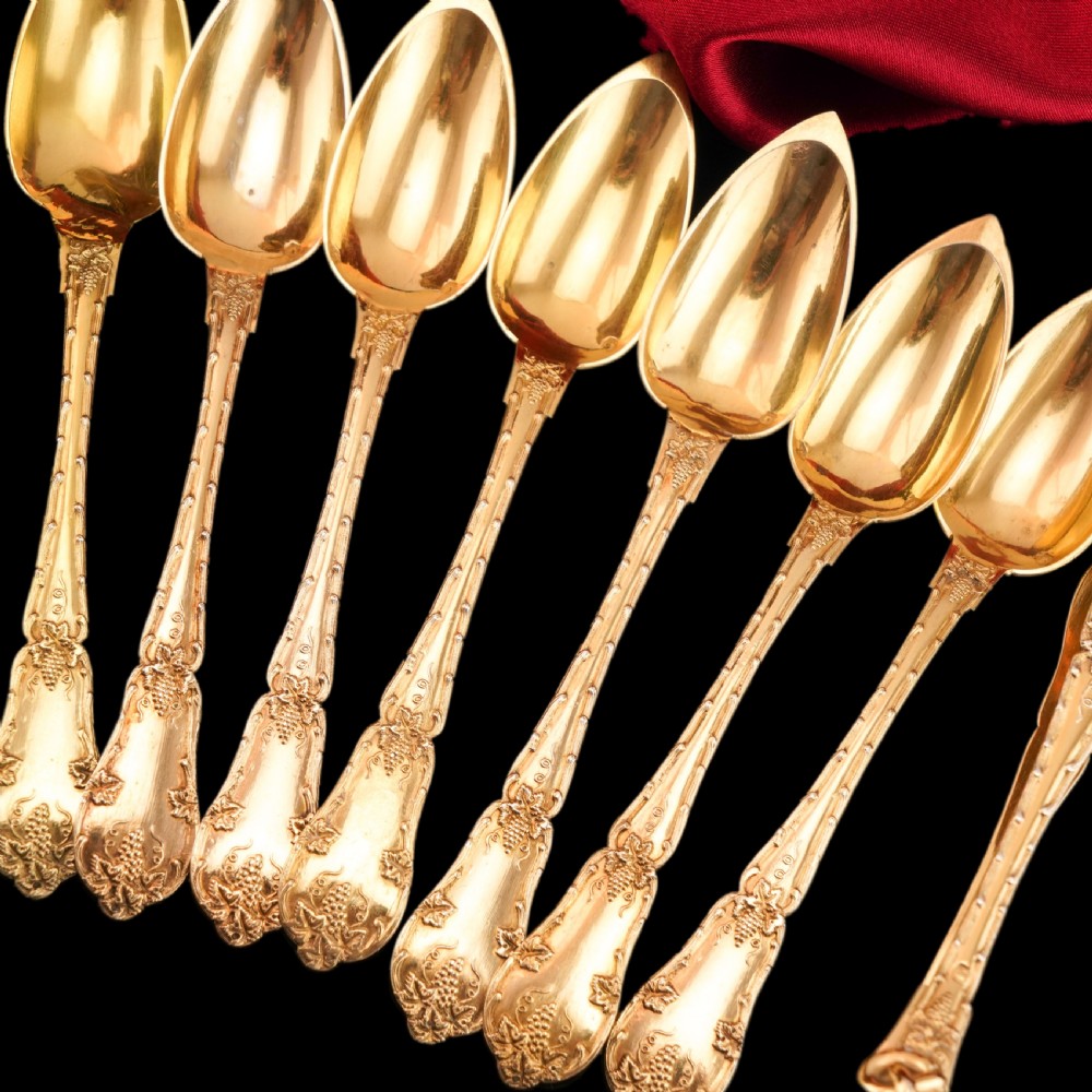 Antique French Solid Silver Gilt Vermeil Teaspoon, Tongs & Strainer Set - Philippe Berthier Paris c.1845. View XII