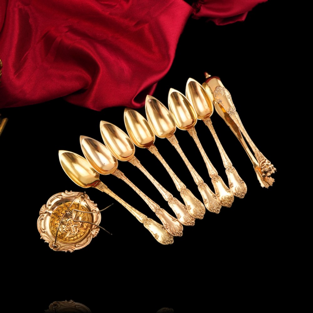 Antique French Solid Silver Gilt Vermeil Teaspoon, Tongs & Strainer Set - Philippe Berthier Paris c.1845. View XIII