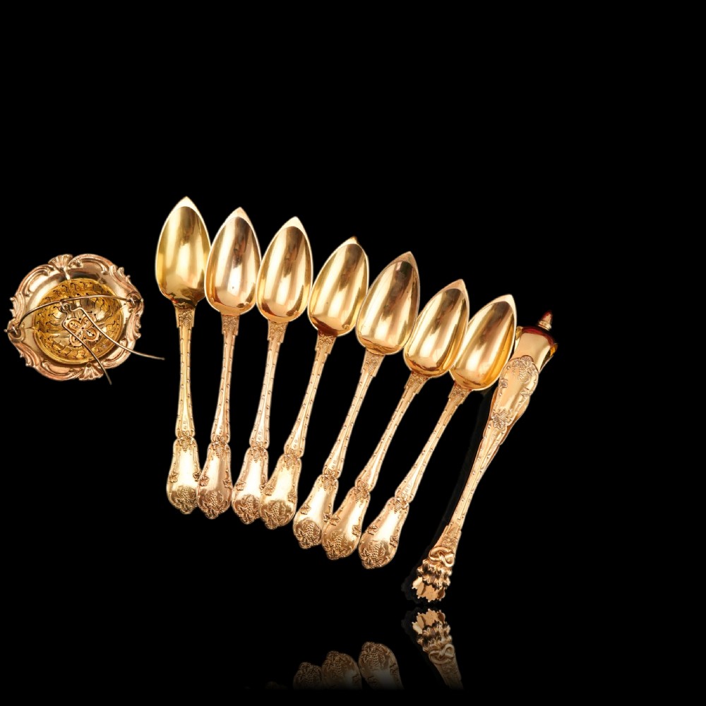 Antique French Solid Silver Gilt Vermeil Teaspoon, Tongs & Strainer Set - Philippe Berthier Paris c.1845. View XIV