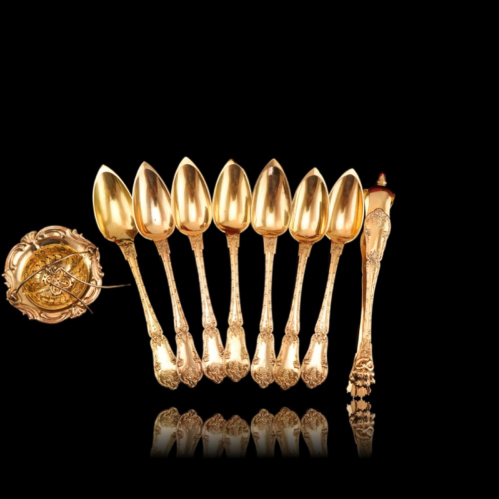 Antique French Solid Silver Gilt Vermeil Teaspoon, Tongs & Strainer Set - Philippe Berthier Paris c.1845. View XV