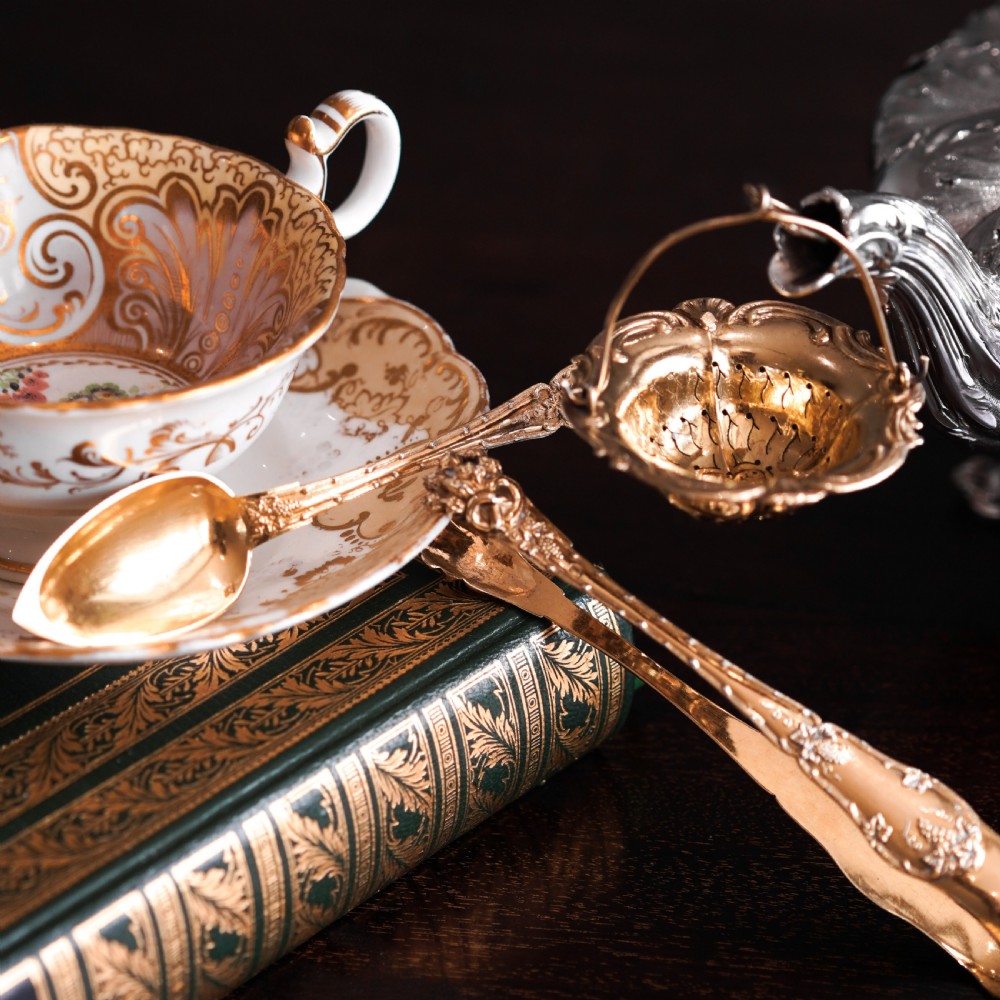 Antique French Solid Silver Gilt Vermeil Teaspoon, Tongs & Strainer Set - Philippe Berthier Paris c.1845. View XVIII