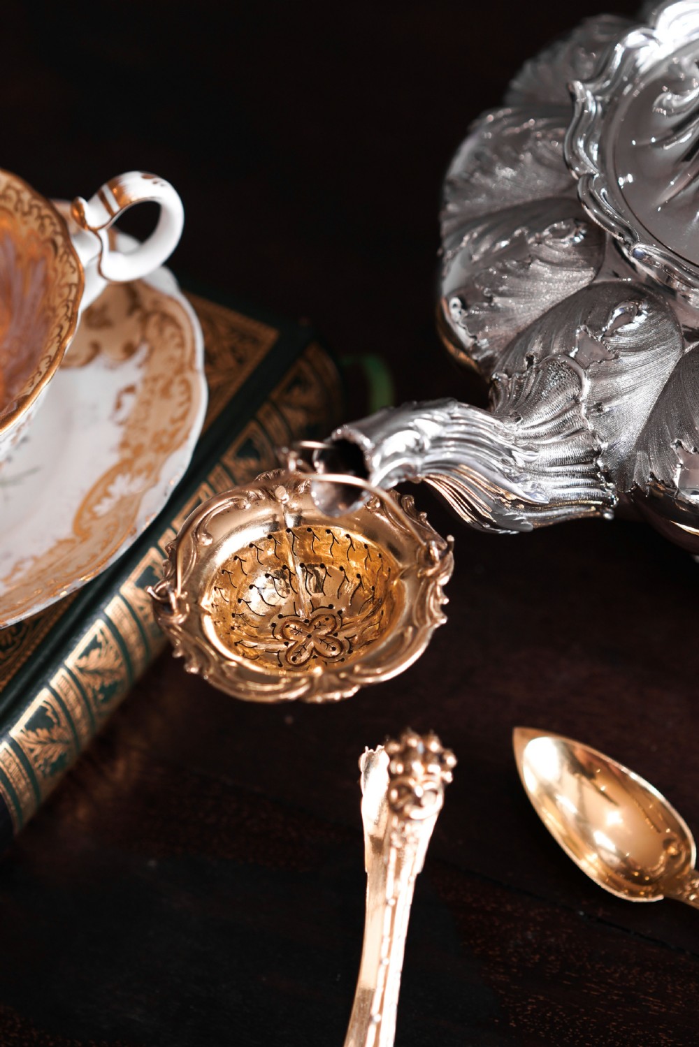 Antique French Solid Silver Gilt Vermeil Teaspoon, Tongs & Strainer Set - Philippe Berthier Paris c.1845. View XIX