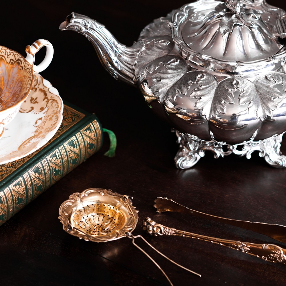 Antique French Solid Silver Gilt Vermeil Teaspoon, Tongs & Strainer Set - Philippe Berthier Paris c.1845. View XX