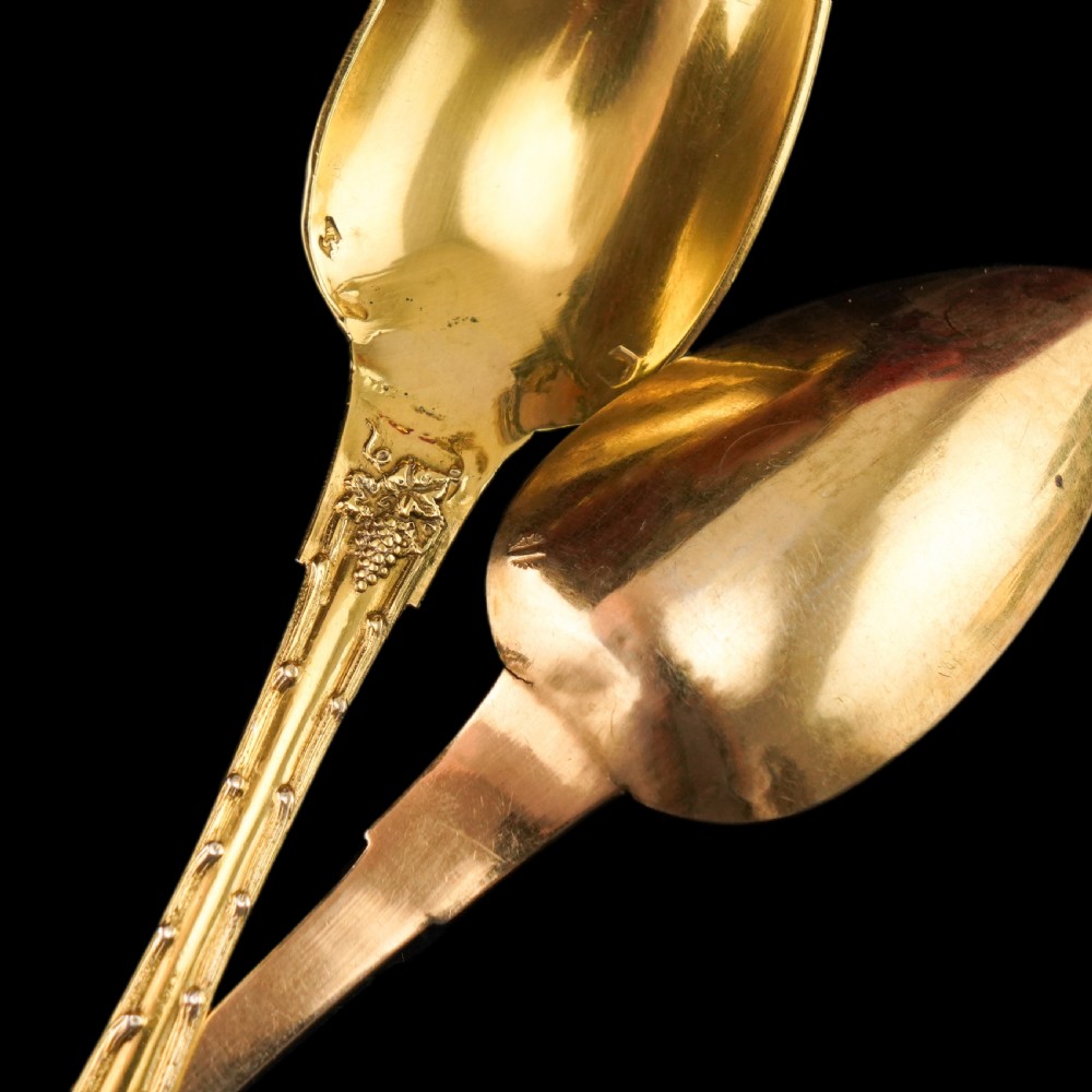 Antique French Solid Silver Gilt Vermeil Teaspoon, Tongs & Strainer Set - Philippe Berthier Paris c.1845. View XXIV