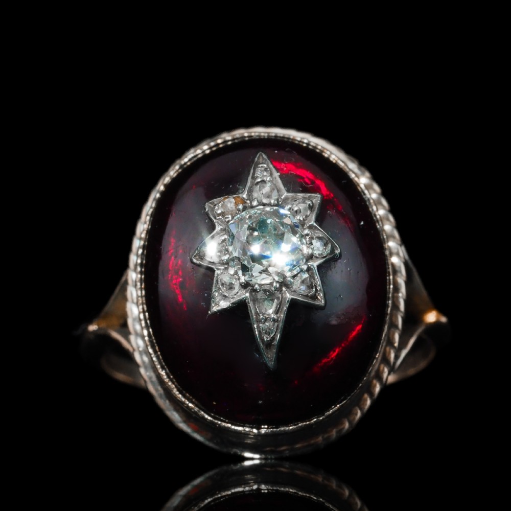 Antique Victorian Diamond Star Garnet Cabochon Ring 14ct Gold - c.1880