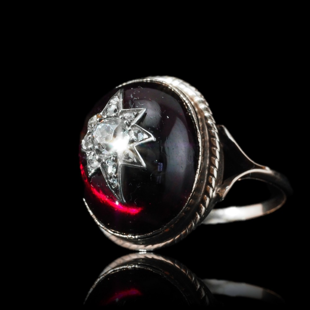Antique Victorian Diamond Star Garnet Cabochon Ring 14ct Gold - c.1880 View II