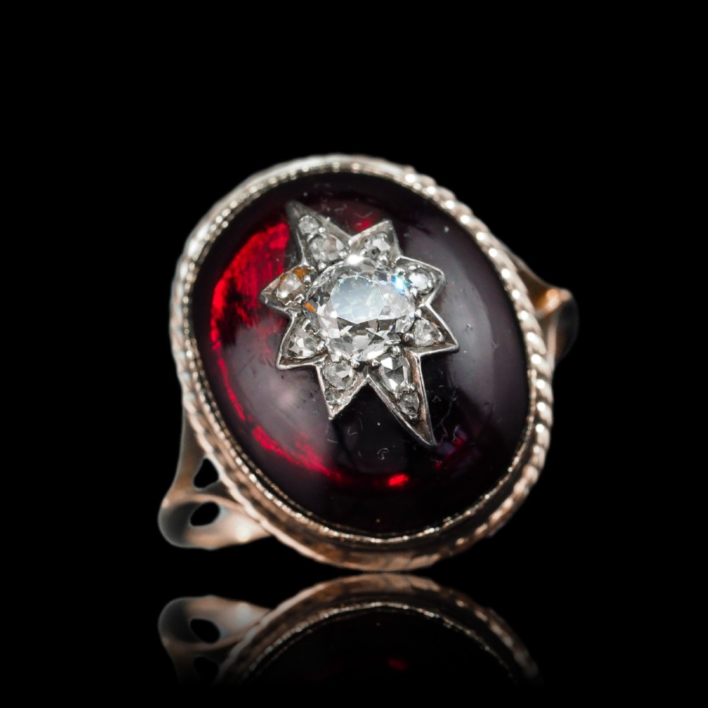 Antique Victorian Diamond Star Garnet Cabochon Ring 14ct Gold - c.1880 View III