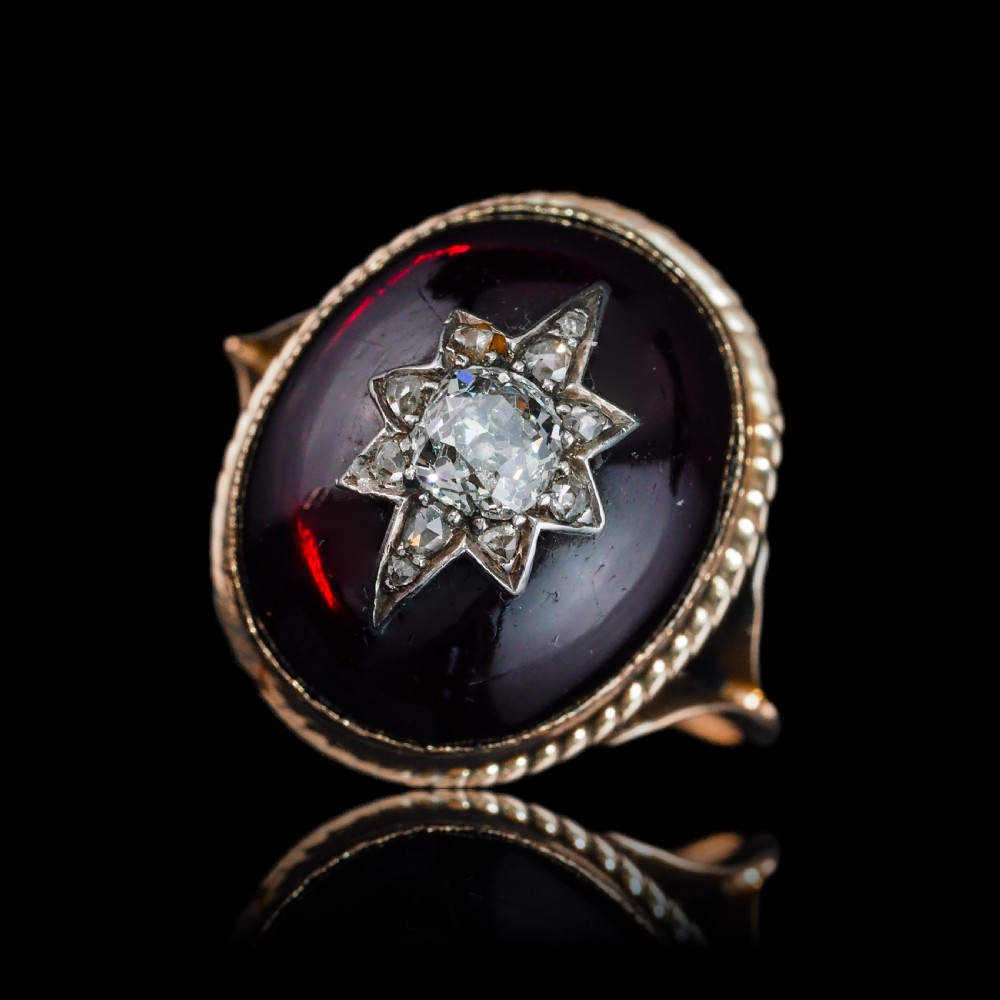 Antique Victorian Diamond Star Garnet Cabochon Ring 14ct Gold - c.1880 View IV